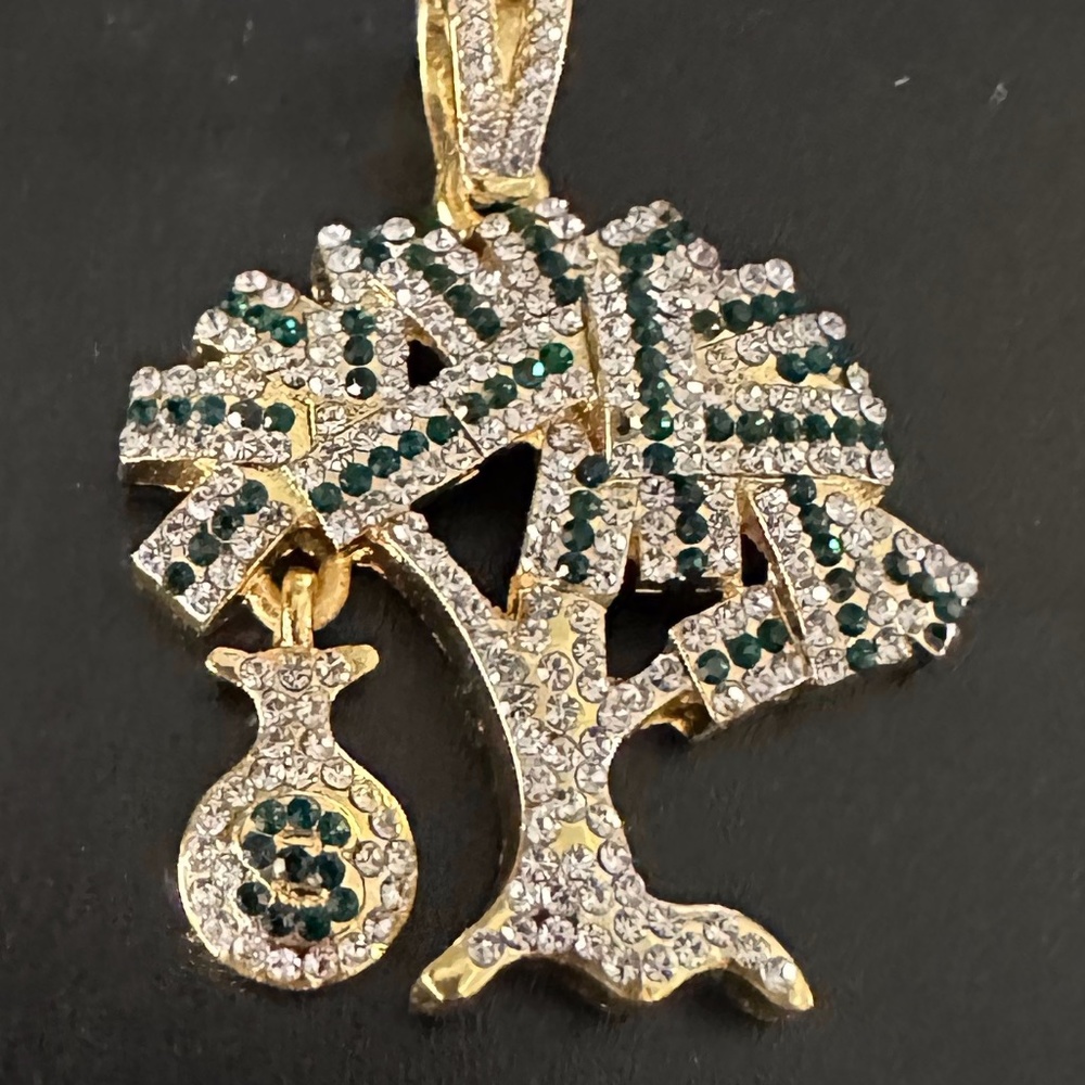 Tree Money with Green and Clear Rhinestones Necklace Dollar Sign on Bag New No